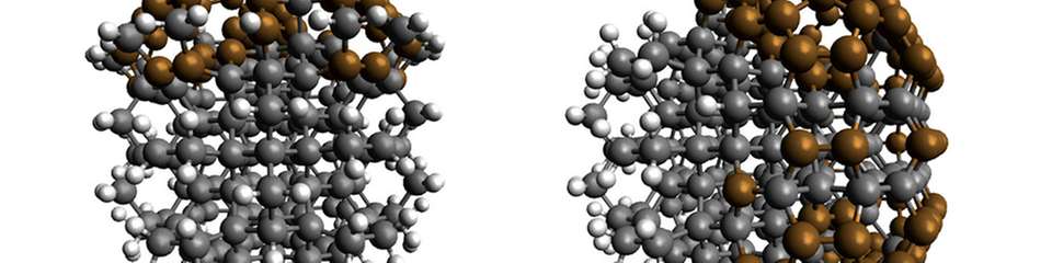 Zwei Varianten von Nanodiamant-Materialien mit unterschiedlichen Oberflächen: C230H106 links, C286H68 rechts. Die Anzahl der H-Atome spielt eine Rolle für die Aktivierbarkeit der Katalysatoren.