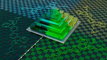 Visualisierung einer 3D-gedruckten Pyramidenstruktur mit elektrochromem Verhalten. Aufgrund der unterschiedlichen Redoxzustände des leitfähigen Materials verändert die Struktur bei elektrochemischer Stimulierung reversibel ihre Farbe.