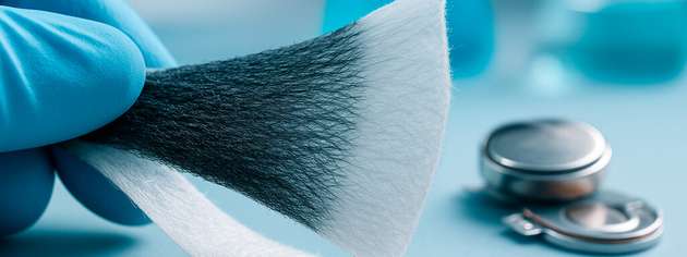 Faserbasierte Silizium-Anode auf vliesartigem Träger: Die Struktur gleicht Volumenänderungen aus und ermöglicht höhere Energiedichten in Lithium-Ionen-Batterien.