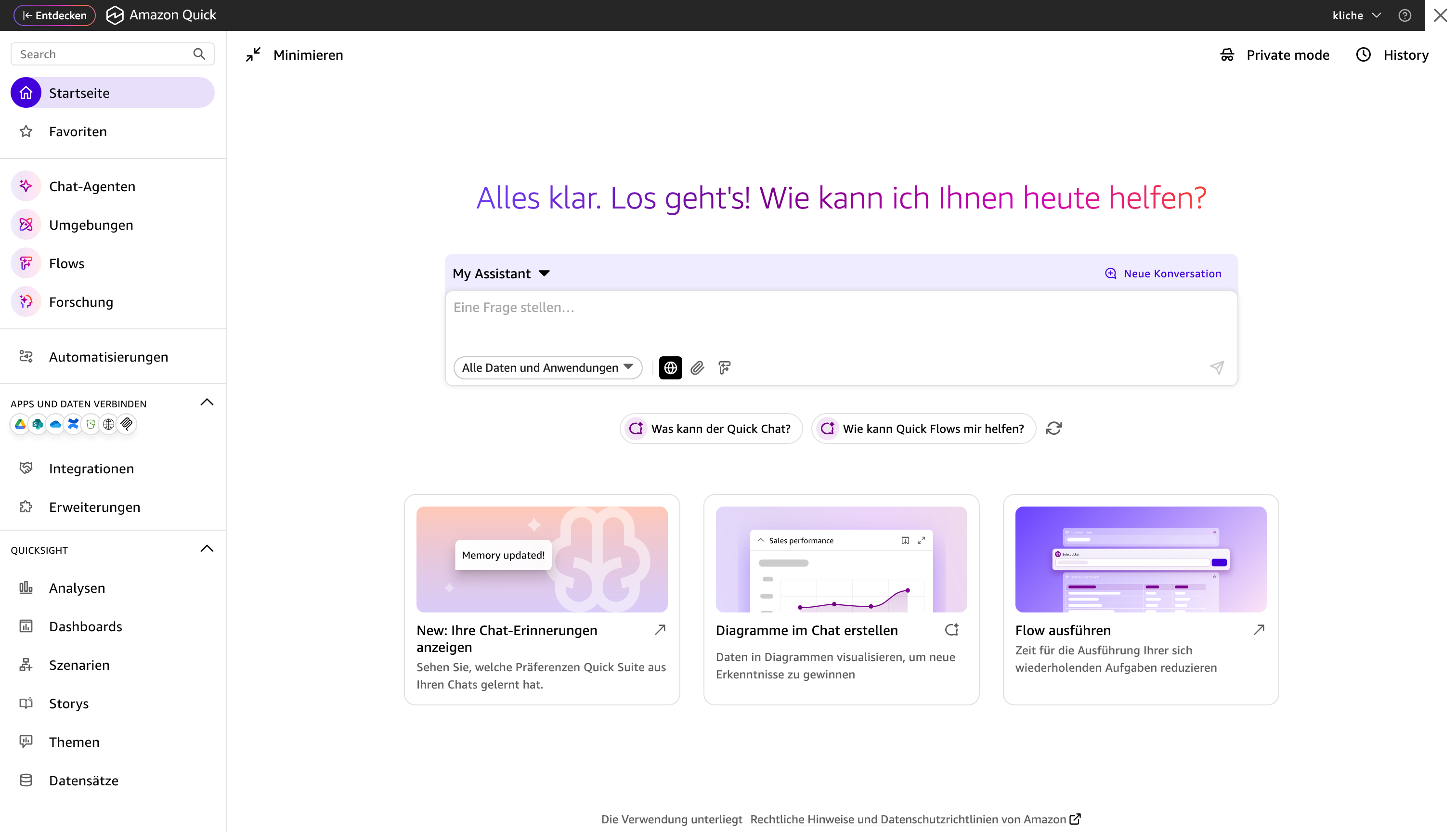 Amazon Quick vereint vier spezialisierte Funktionsbereiche in einem einheitlichen digitalen Arbeitsbereich. 