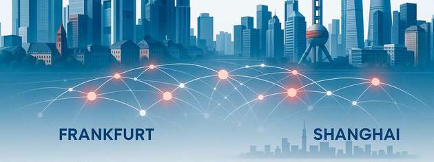 Stilisierte Grafik zur wirtschaftlichen Zusammenarbeit zwischen China und Deutschland, mit Symbolen für Handel, Investitionen und industrielle Kooperation.