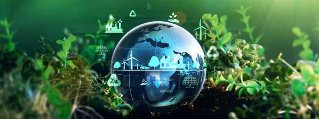 Symbolgrafik zu nachhaltiger Wertschöpfung und klimafreundlichen Technologien im globalen Kontext.