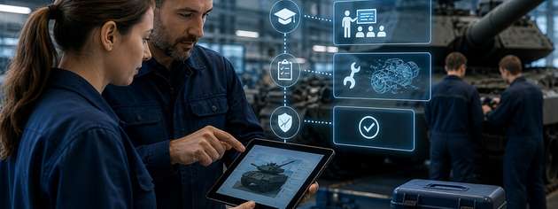Digitale Assistenzsysteme führen Schritt für Schritt durch Arbeitsabläufe, erfassen Arbeitsschritte nachvollziehbar und unterstützen so die Standardisierung, Dokumentation und Auditierbarkeit in der Rüstungsindustrie.