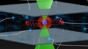 Illustration eines zirkularen Strontium Rydberg-Atoms gefangen in einer optischen Pinzette.