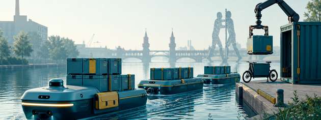 A‑SWARM II nutzt Berlins Wasserwege für die Citylogistik: Elektrische, autonome und koppelbare Wasserfahrzeuge transportieren Wechselcontainer zu wassernahen Umschlagpunkten.