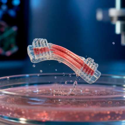 Ein biohybrider Aktuator aus gezüchtetem Muskelgewebe und Hydrogel-Gerüst führt eine sichtbare Bewegung aus. Theoretisch können solche Systeme springen, schwimmen und greifen.