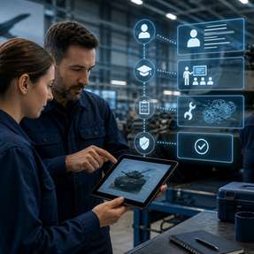 Digitale Assistenzsysteme führen Schritt für Schritt durch Arbeitsabläufe, erfassen Arbeitsschritte nachvollziehbar und unterstützen so die Standardisierung, Dokumentation und Auditierbarkeit in der Rüstungsindustrie.