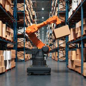 Industrieroboter übernimmt das Handling von Kartons im Hochregallager – Automatisierung in Lager und Materialfluss.