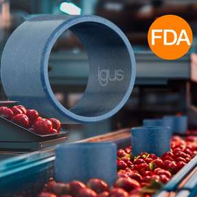 Schmiermittelfreie igus Gleitlager im Einsatz. Die markante blaue Farbe sorgt für optische Detektierbarkeit, während die FDA-Zertifizierung maximale Produktsicherheit bei der Verarbeitung von Obst und Gemüse gewährleistet.