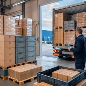 Kartons und Mehrwegbehälter auf Paletten vor einem beladenen Lastwagen im Logistiklager.